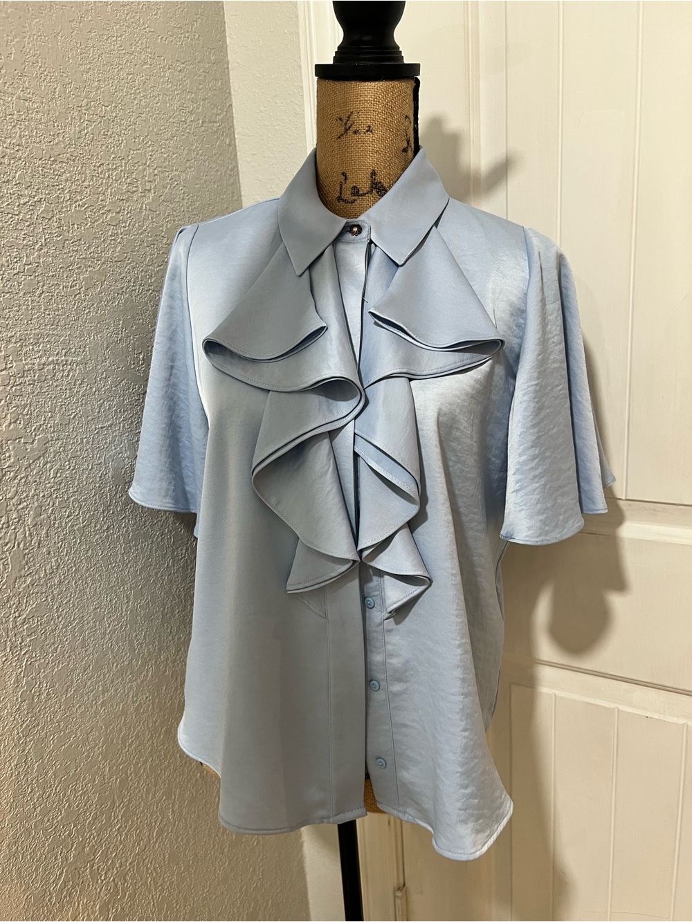 Zara Pale Blue Ruffle Front Blouse